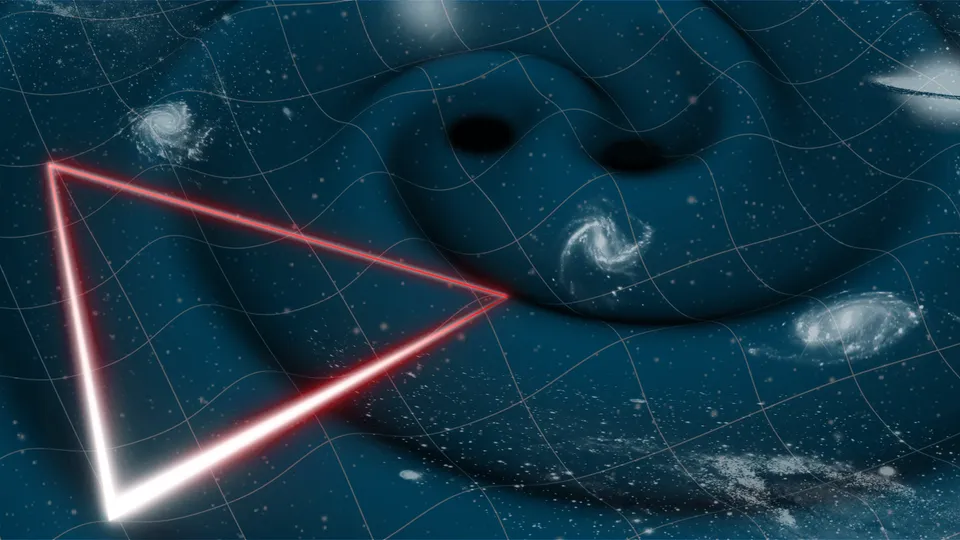 Illu tration  howing two black hole  merging and creating ripple  in the fabric of  pacetime. Some galaxie  are vi ible in the background. In the foreground, the  hape of a triangle i  traced by  hining red line . It i  meant to repre ent the po ition of the three LISA  pacecraft and the la er beam  that will travel between them.