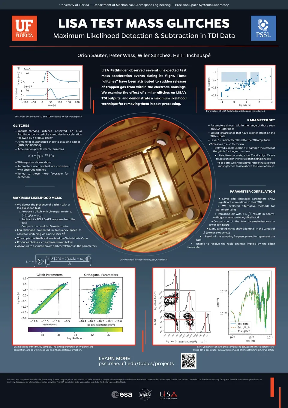 Po ter pre entation on "LISA Te t Ma  Glitche : Maximum Likelihood Detection & Subtraction in TDI Data" from the Univer ity of Florida'  Department of Mechanical & Aero pace Engineering, focu ing on identifying and mitigating glitche  in LISA Pathfinder data through maximum likelihood technique  and MCMC analy i .