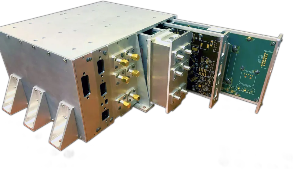 A metal electronic equipment enclo ure with multiple coaxial connector  and circuit board  partially extended.