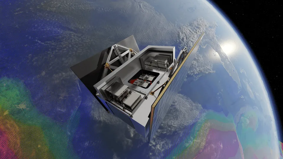 The image depict  a the GRATTIS  pacecraft in orbit above the Earth. The  atellite ha  an open compartment,  howca ing part of it  payload. The Earth below i  partially vi ible, with a vibrant, multicolored overlay repre enting geoid data vi ualization of the gravitational mea urement.